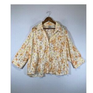 Cottagecore Apparenza Women 3XL Orange Floral Seersucker 3/4 Sleeve Blouse Top